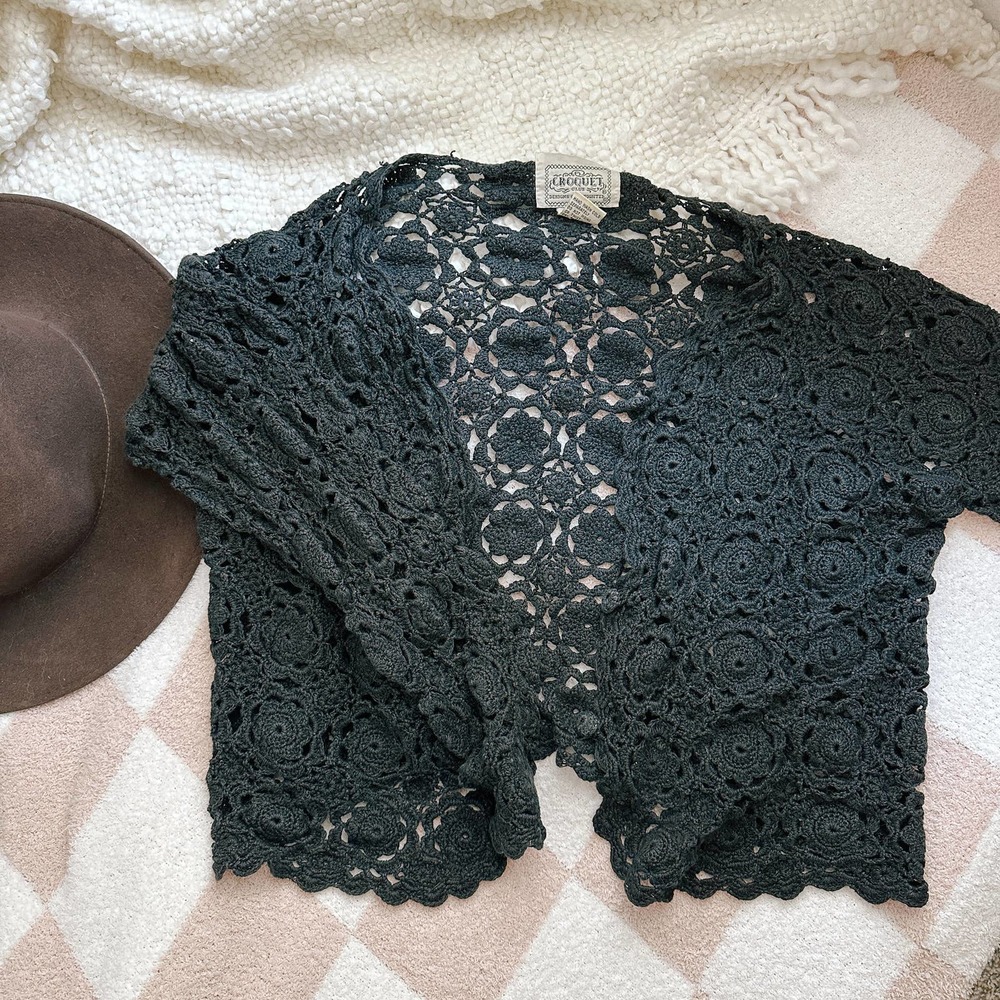 Vintage Croquet Club Black Crochet Cardigan, cottagecore grandma fall sweater